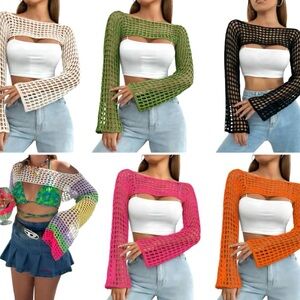 Colorful Fishnet Long Sleeve Crop Tops